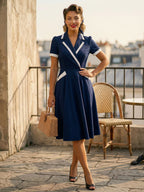 Contrast Trim Lapel Collar Double Pocket A Line Retro Tea Dress For Women 2026