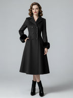 Wool Blend Double-breasted Midi Flared Coat with black Faux Fur Cuffs For Women 2026