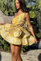 Plunging V-Neck Spaghetti Strap Floral Applique Cutout Open Back Tiered Mini Dress