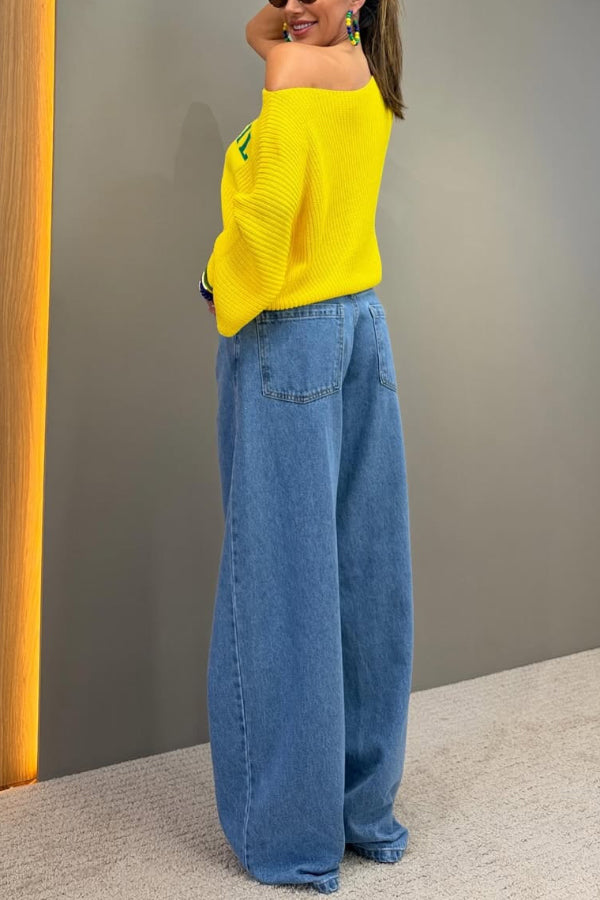 World Cup Letter Jacquard Loose-fitting Sloping Shoulders Cropped Knit Top