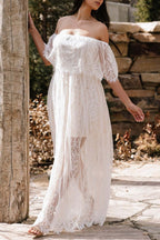 White Off Shoulder Ruffle Overlay Lace Panel Sheer Hem Maxi Dress