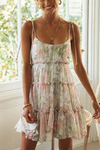 Floral Print Tie Shoulder Tiered Ruffle Babydoll Mini Dress