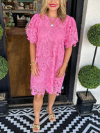 Floral Lace Scalloped Puff Sleeve Crew Neck Shift Mini Dress