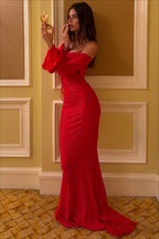 Lace Off Shoulder Ruffle Trim Long Bell Sleeve Vertical Panel Mermaid Maxi Dress