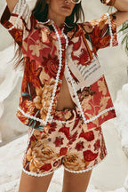 Unique Printed Collared Short-sleeved Loose-fitting Shirt and Casual Floral Trim Shorts Set