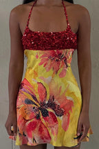 Aura Sequined Halter Backless Blossom Mini Dress