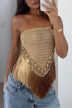 Fashionable Sleeveless Off-shoulder Tassel Hem Strapless Top