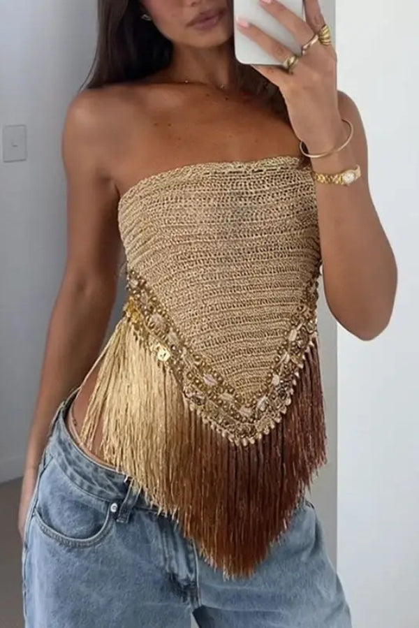 Fashionable Sleeveless Off-shoulder Tassel Hem Strapless Top
