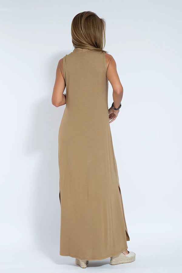 Deep V-Neck Center Pleat Sleeveless Flowy Maxi Dress