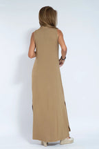 Deep V-Neck Center Pleat Sleeveless Flowy Maxi Dress