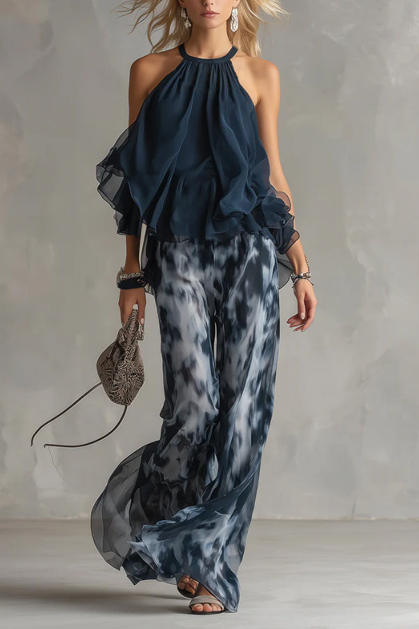 Navy Blue Camisole and Printed Wide-leg Chiffon Suit