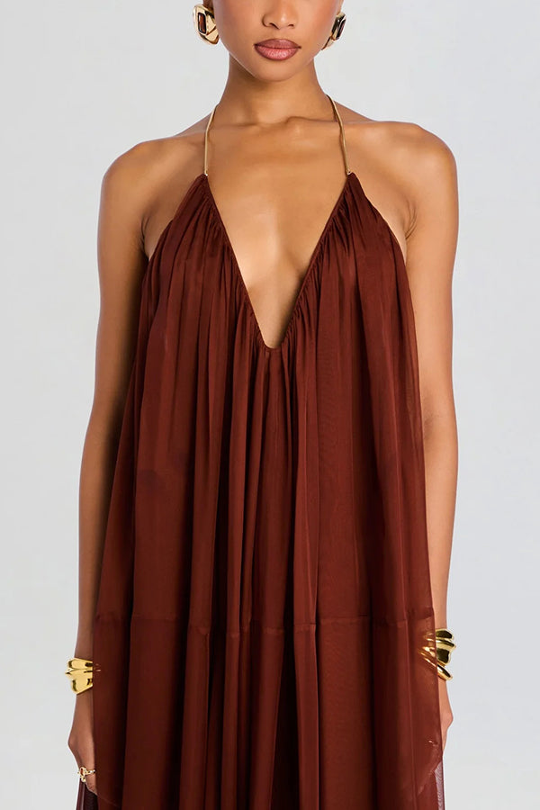 Flowing Lightweight Chiffon Chain Halter Neck Detail Backless A-line Maxi Dress