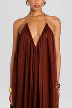 Flowing Lightweight Chiffon Chain Halter Neck Detail Backless A-line Maxi Dress