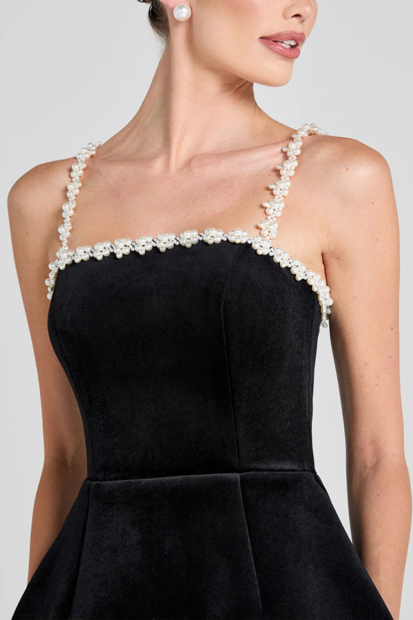 Velvet Square Neck Pearl Strap Pearl Scalloped Trim Mini Dress