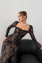 Floral Lace Square Neck Corset Boning Long Sleeve Maxi Dress