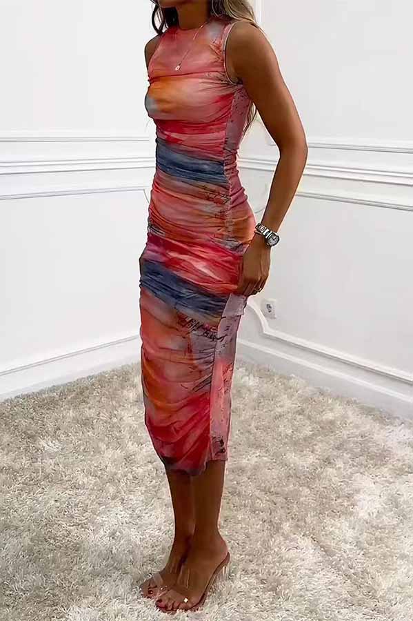 Abstract Print Mesh Ruched Bodycon Midi Dress