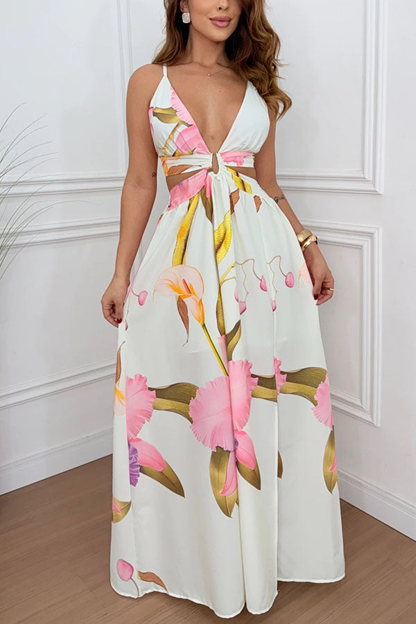 Seinah Floral Print Cutout Waist Open Back Lace-up Slit Maxi Dress