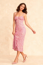 Floral Print Sweetheart Ruched Bust Spaghetti Strap Midi Dress