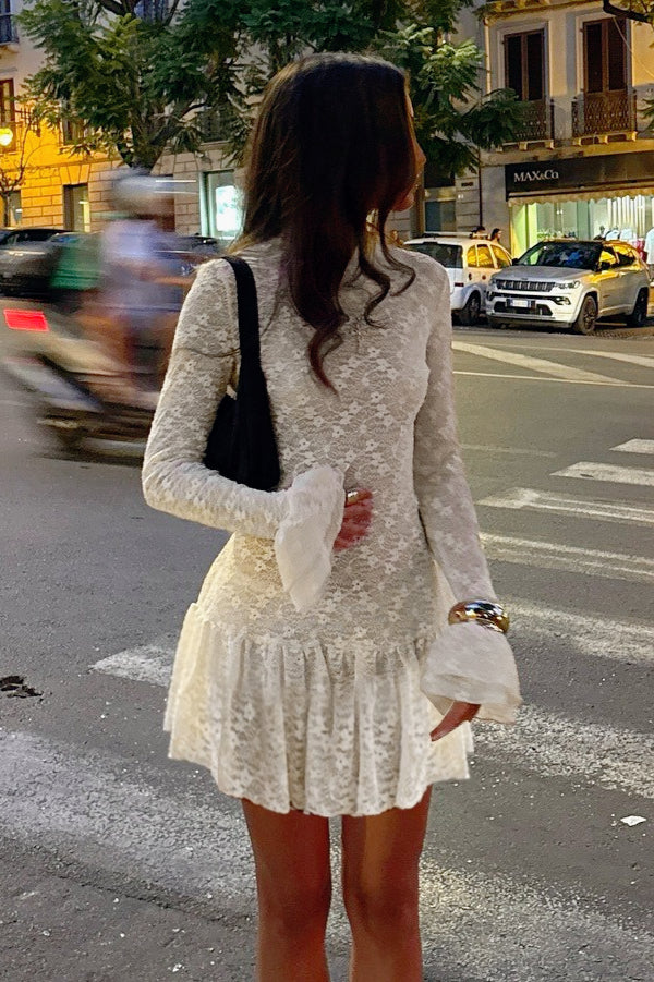 Lace Mock Neck Bell Sleeve Ruffle Hem Mini Dress