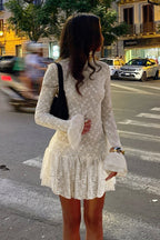 Lace Mock Neck Bell Sleeve Ruffle Hem Mini Dress