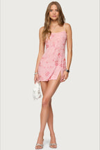 Lettuce Edge Neck Beaded Floral Sequin Side Slit Bodycon Mini Dress