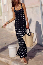 Polka Dot Print Sleeveless Spaghetti Strap Slim-fit Elegant Ruffled Hem Maxi Dress