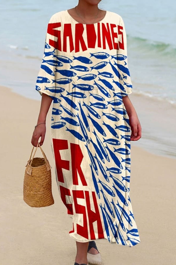 Lobster Graphic Oversized V-Neck Short Sleeve Linen Shift Midi Dress
