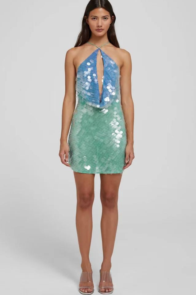 Sequin Halter Keyhole Cut Out Backless Bodycon Mini Dress