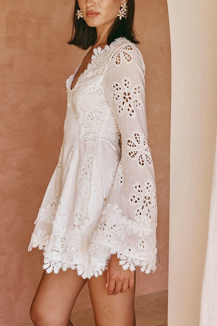 Eyelet Lace Deep V-Neck Long Sleeve Scalloped Trim Side Tie Mini Dress