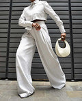White Print Pockets Straight Pants Office Two Piece Set