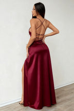 Satin Wrap V-Neck Spaghetti Strap High Split Maxi Dress