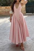 Gingham Halter Deep V-Neck Drop Waist Pleated Maxi Dress