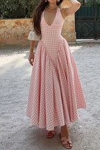 Gingham Halter Deep V-Neck Drop Waist Pleated Maxi Dress
