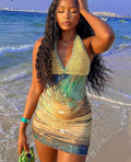 Crochet Halter Abstract Print Bodycon Mini Dress