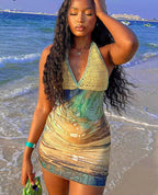 Crochet Halter Abstract Print Bodycon Mini Dress