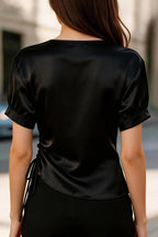 Solid Color Satin V-neck Short-sleeved Side Waist Ruching Casual Top