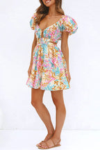 Tropical Floral Puff Sleeve Waist Cut Out Keyhole Sweetheart Mini Dress