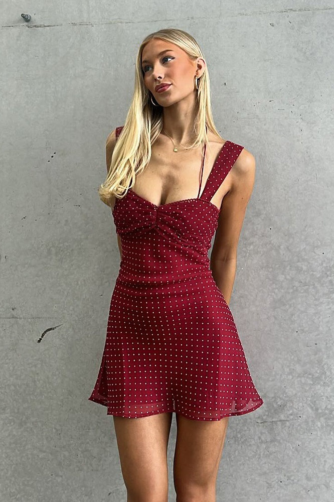 Polka Dot Print Sweetheart Ruched Flare Hem Spaghetti Strap Mini Dress