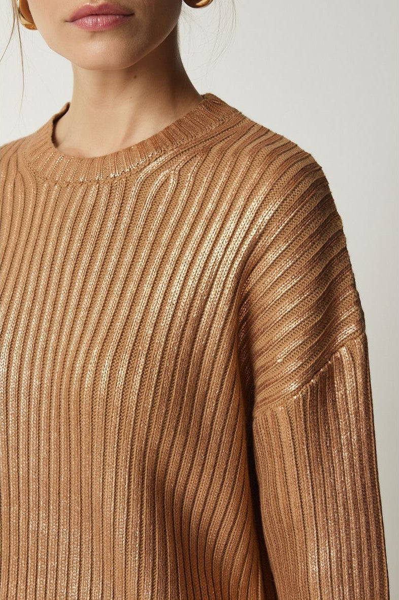 Solid Simple Silver Foil Loose Slim Long Sleeve Sweater