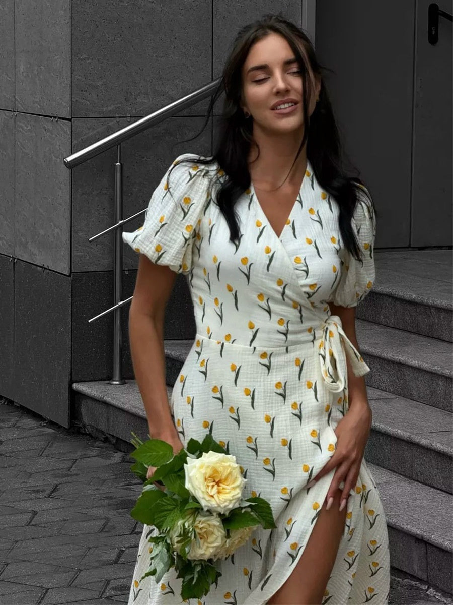 Pure Cotton Bandage Wrap-up Puff Sleeve Printed Comfort Maxi Dresses