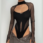 Hollow out mesh patchwork long sleeve contrast bodysuit  | Festival Outfits Women