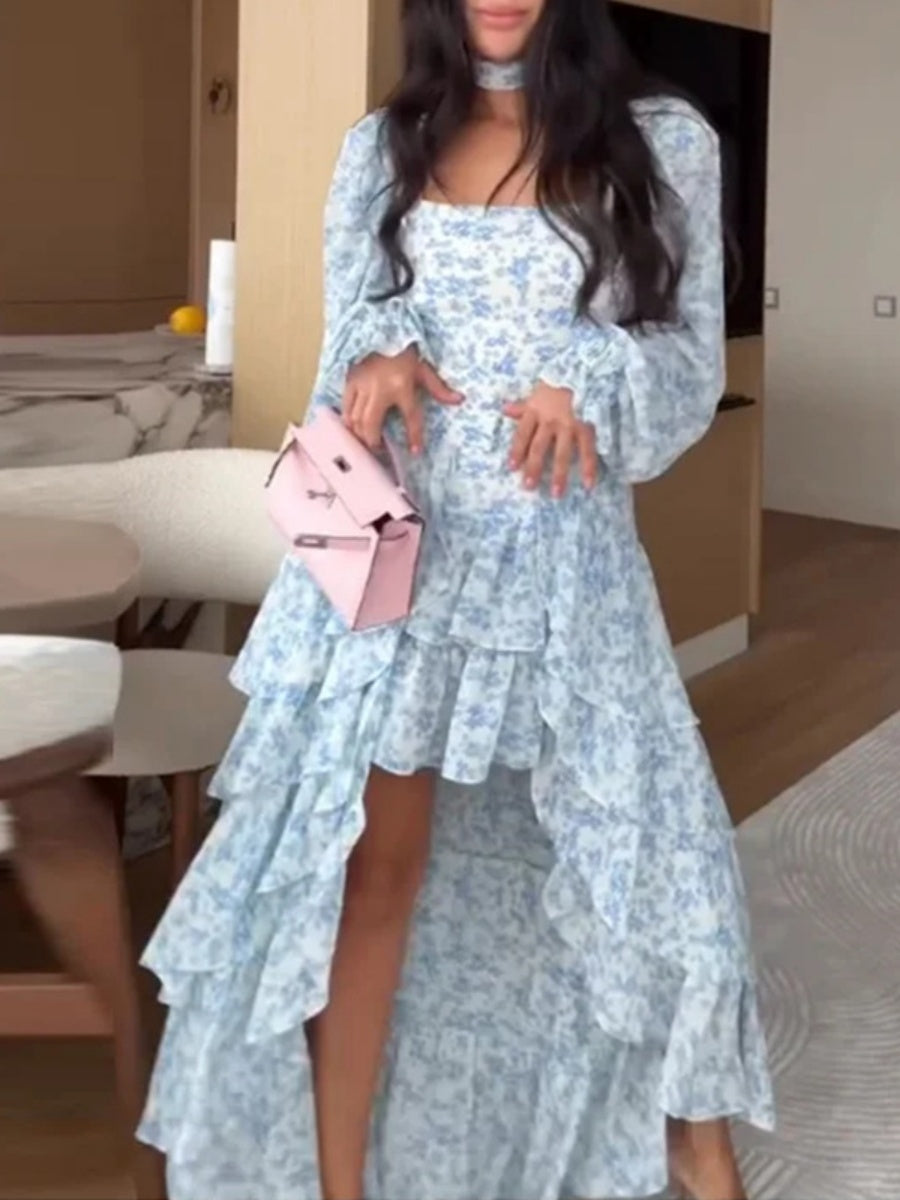 Gathering Floral Print Irregular Hem Temperament Maxi Dresses