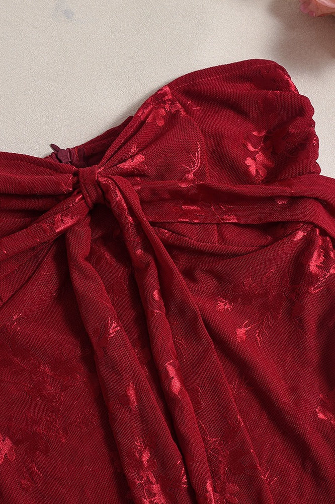 Red Jacquard Mesh Strapless Dress