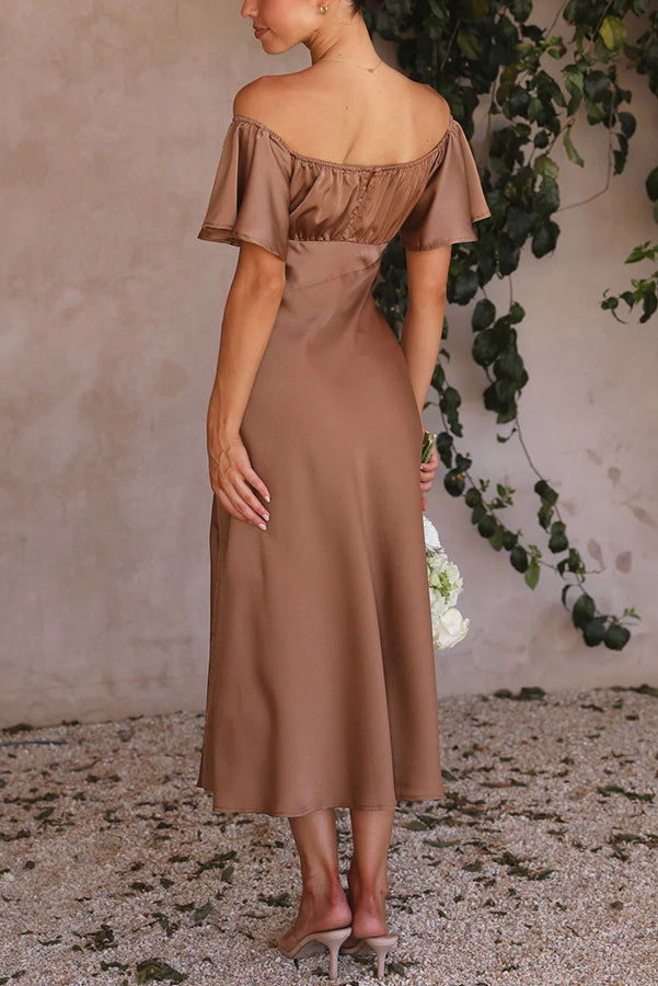 Satin Off Shoulder Flutter Sleeve Sweetheart Ruched Side Slit Midi Dress