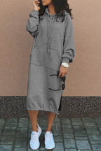 Oversized Hooded Kangaroo Pocket Drawstring Hem Side Slit Midi Sweatshirt Dress