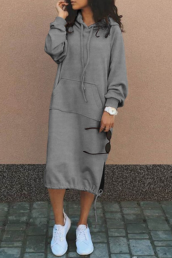 Oversized Hooded Kangaroo Pocket Drawstring Hem Side Slit Midi Sweatshirt Dress
