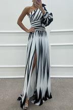 Geometric Stripe Print One Shoulder Lantern Sleeve Pleated High Split Maxi Gown