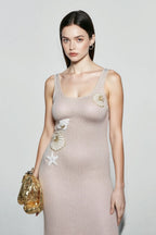 Knit Sequin Seashell Starfish Applique Scoop Neck Midi Dress