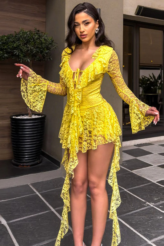Lace Deep V-Neck Ruffle Trim Tie Front Bell Sleeve Streamer Romper
