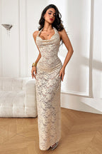 Halter Neck Cowl Floral Lace Backless Maxi Dress